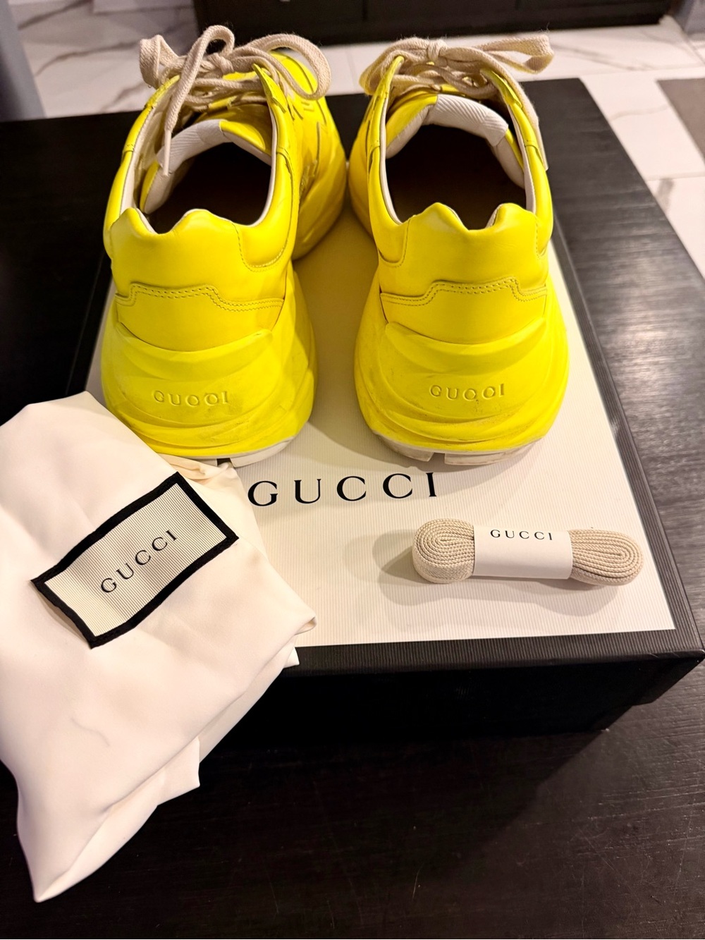 Auth Gucci Python Fluo Yellow and Beige Leather Sneakers w/box dust bags xtr str - Picture 2 of 5